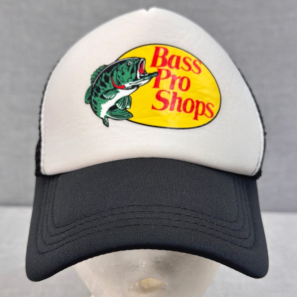 Bass Pro Shops Trucker Hat Black White Mesh Snapback Fishing Mesh Cap
